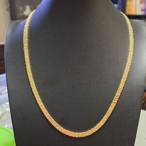 Textured Flat Decorative Gold Tone Chain Necklace and Bracelet Set